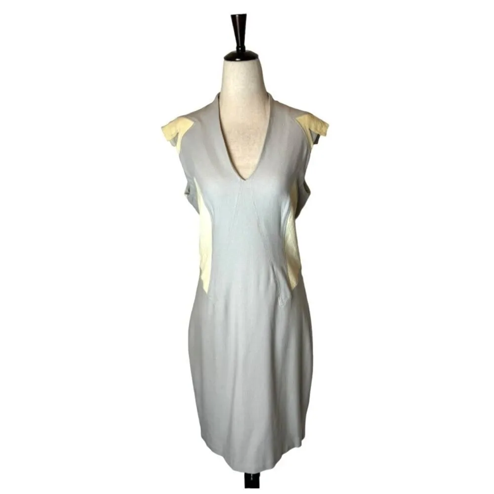 Helmut Lang Dress Women 10 Gray‎ Cream Blistered Leather Panel Sheath Mini - Image 3