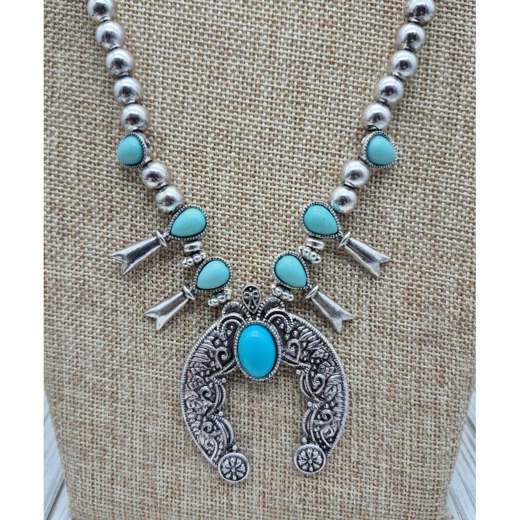 NWOT Silver Tone & Faux Turquoise Blue Horseshoe Necklace 24" Western Tribal - Image 5