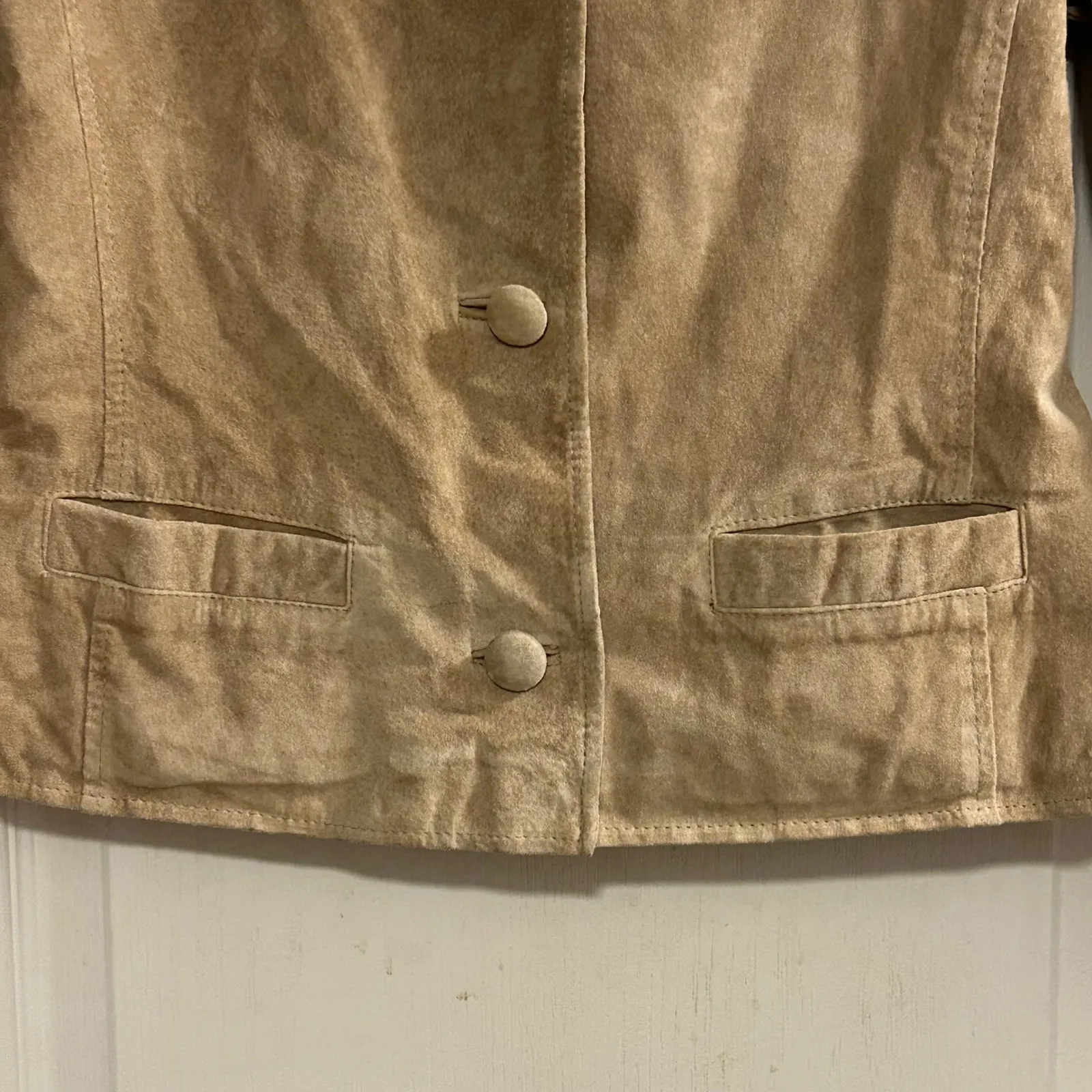Jacqueline Ferrar Suede Leather Jacket Tan Petite Small Button Front Pockets - Image 9