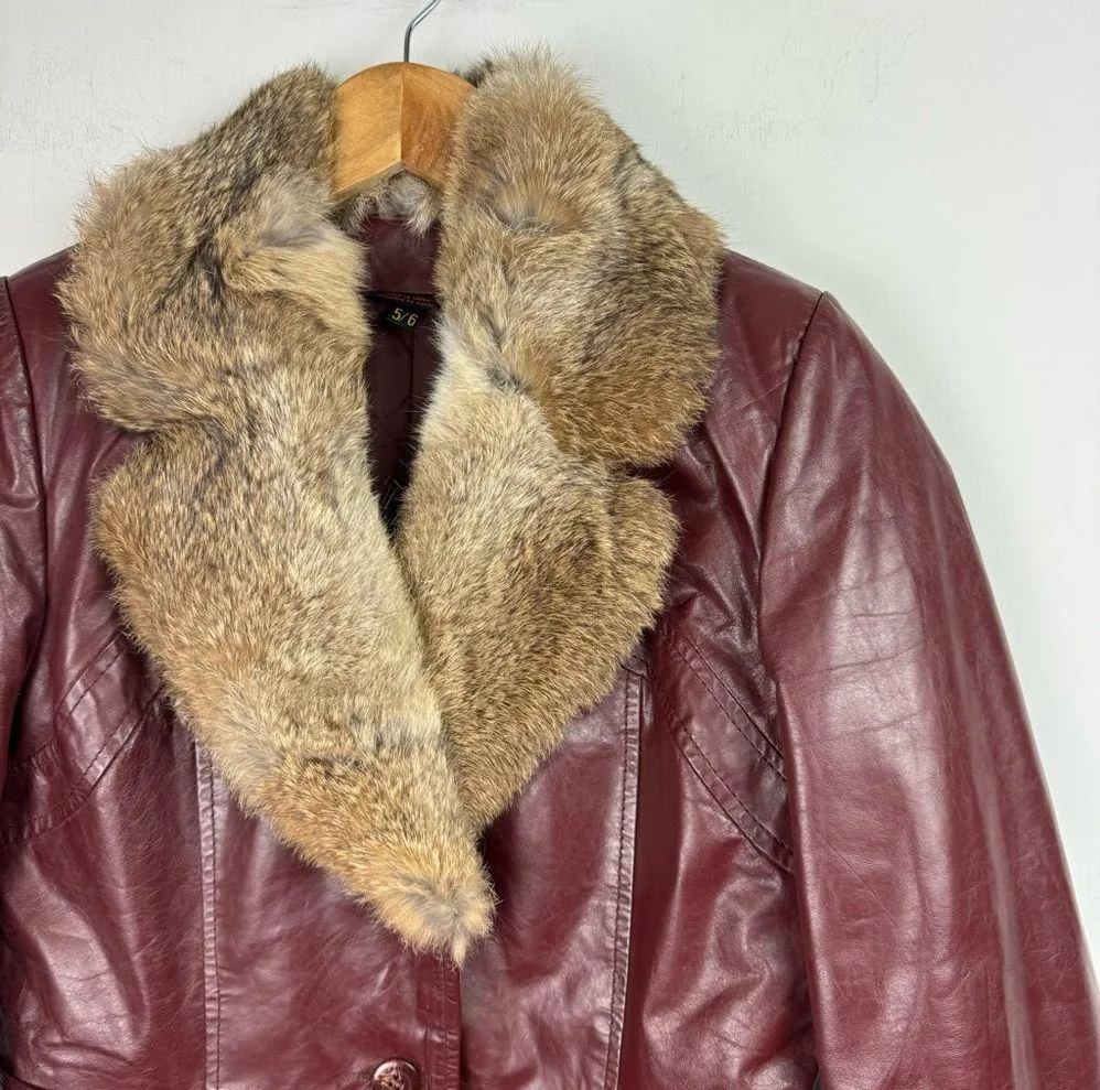 Vintage Leather Rabbitt Fur Trim Trench Tie Jacket Sz 5/6 Maroon Y2K Mob Wife Red - Image 4