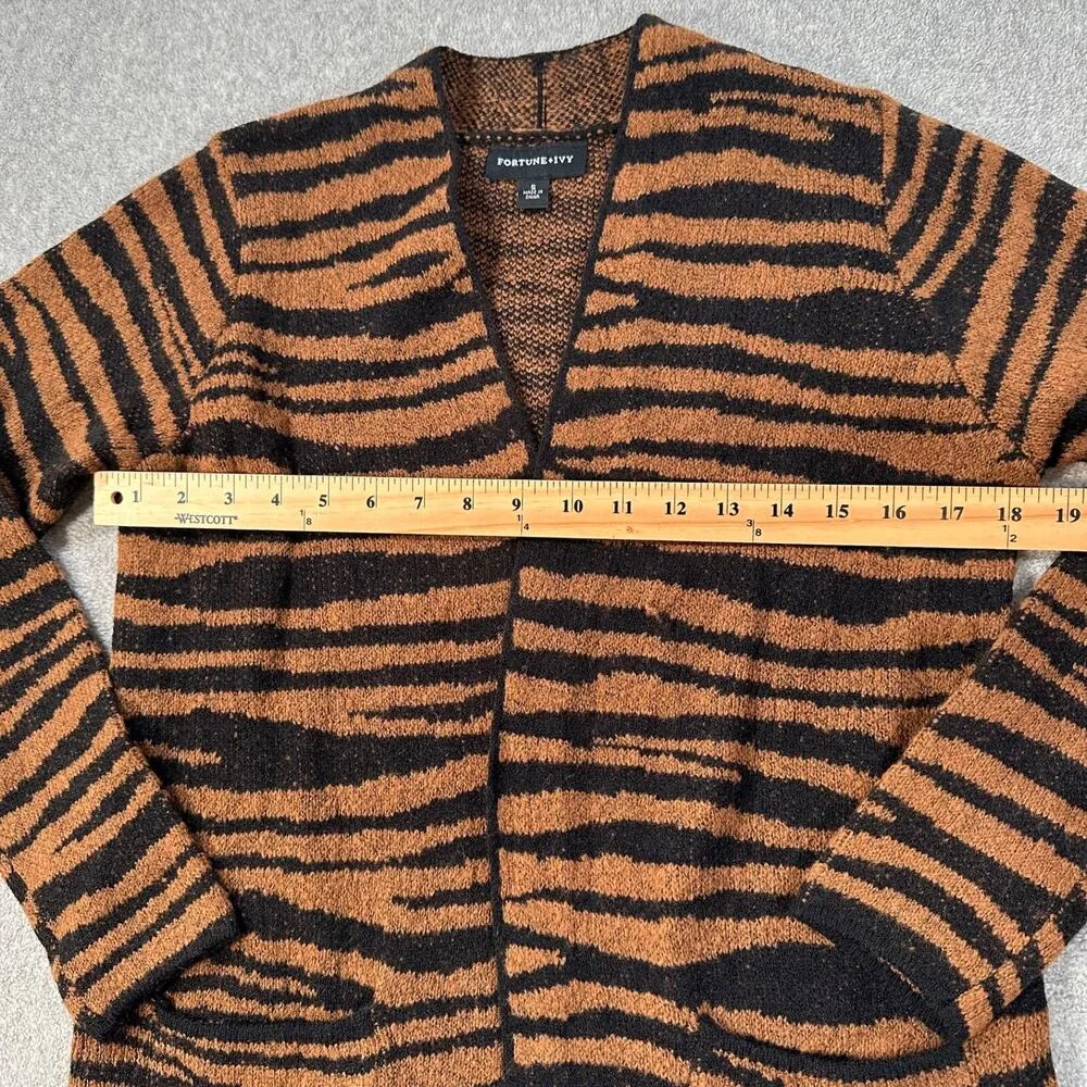 Fortune + Ivy Tiger Knit Open Front Cardigan Women’s Small Brown Black Pockets - Image 7