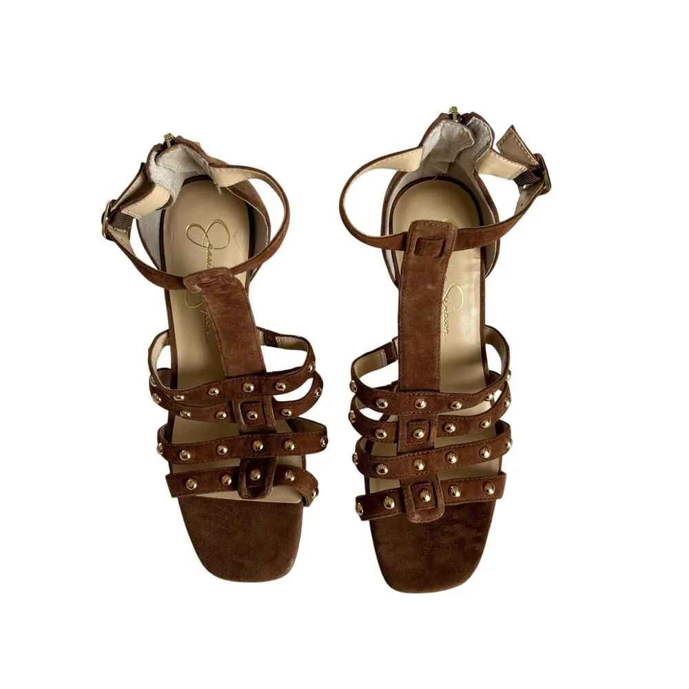 Jessica Simpson Oprina Brown Suede Studded Caged Ankle Dress Sandals Size 10 - Image 2