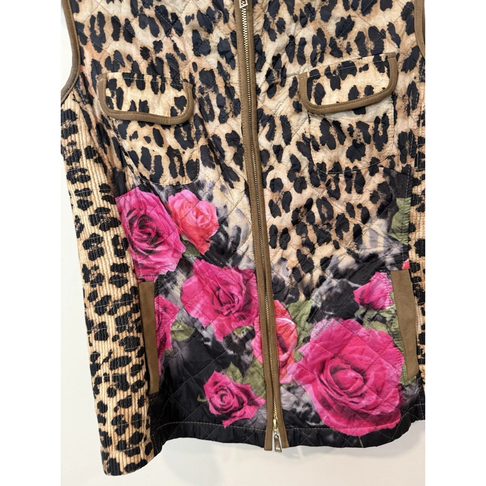 BASLER Y2K Animal Print Flower Lightweight Vest Womens Full Zip Size L 40 2245 Brown Size L - Image 3