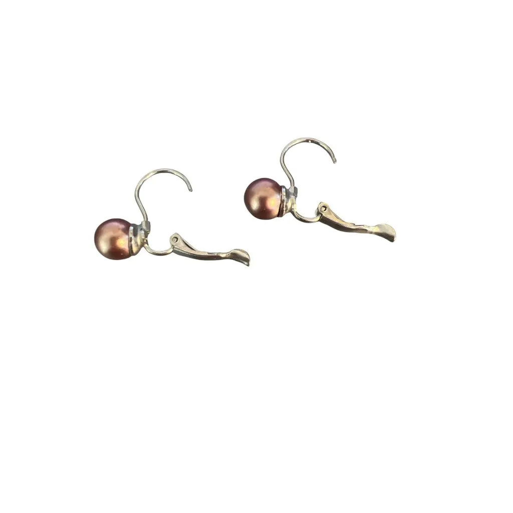 Vtg Silver Tone Leverback Faux Copper Pearl Drop Earrings Leverback .75" Estate - Image 4