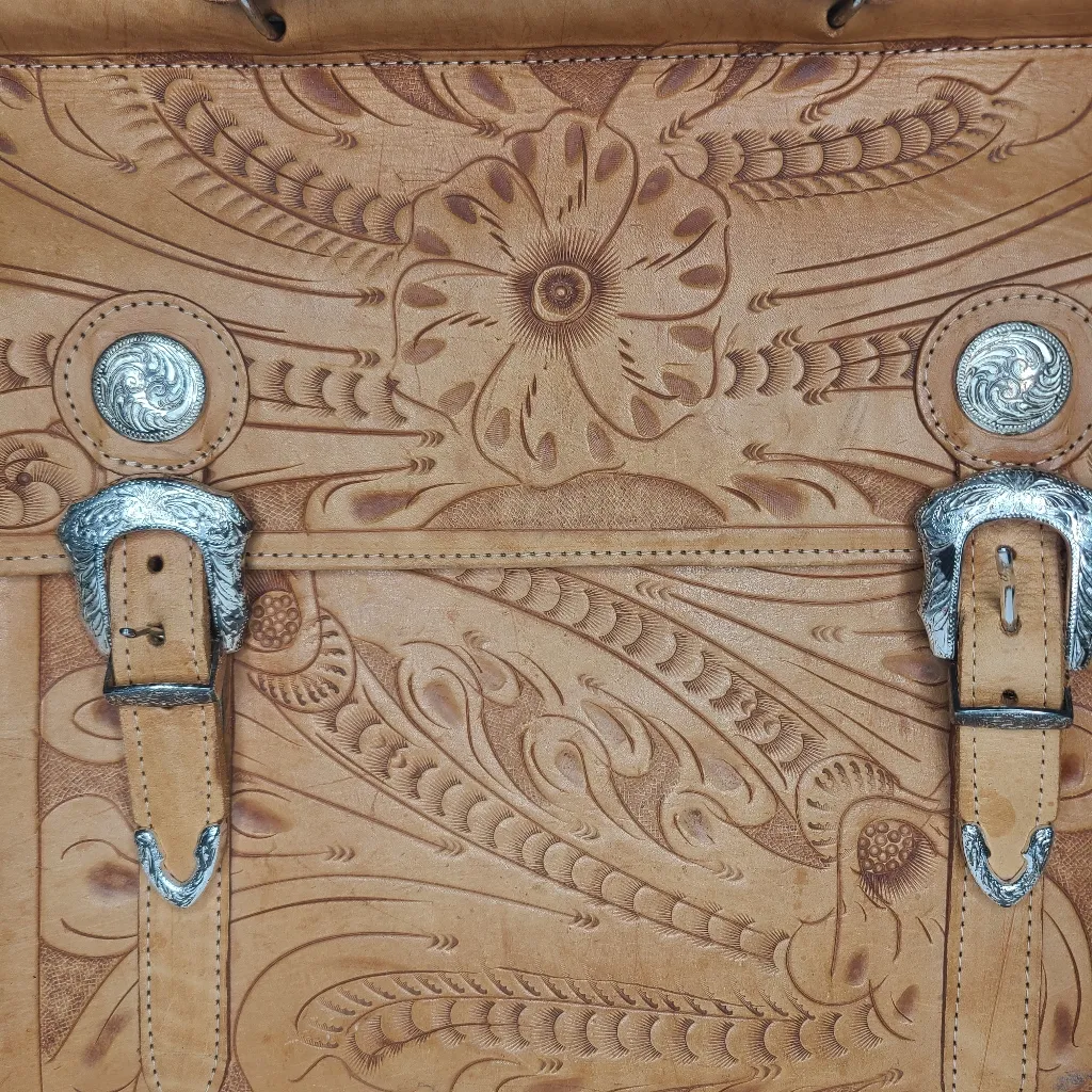 Force Ten Classic Tooled Floral Boho Leather Briefcase‎ Tan - Image 3
