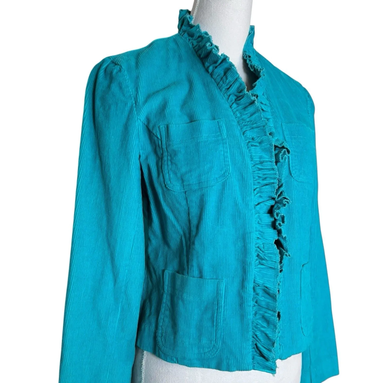 Vintage Y2K Blue Corduroy Jacket Blazer Size S Ruffle Trim Pockets Fairy Preppy - Image 2