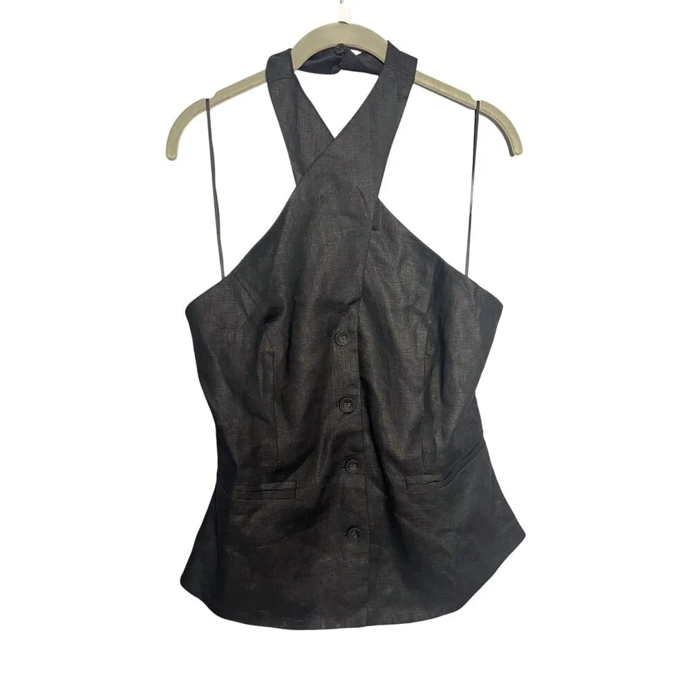 NWT Reformation Tate Linen Top‎ Black Halter Size 10 Button Front - Image 5