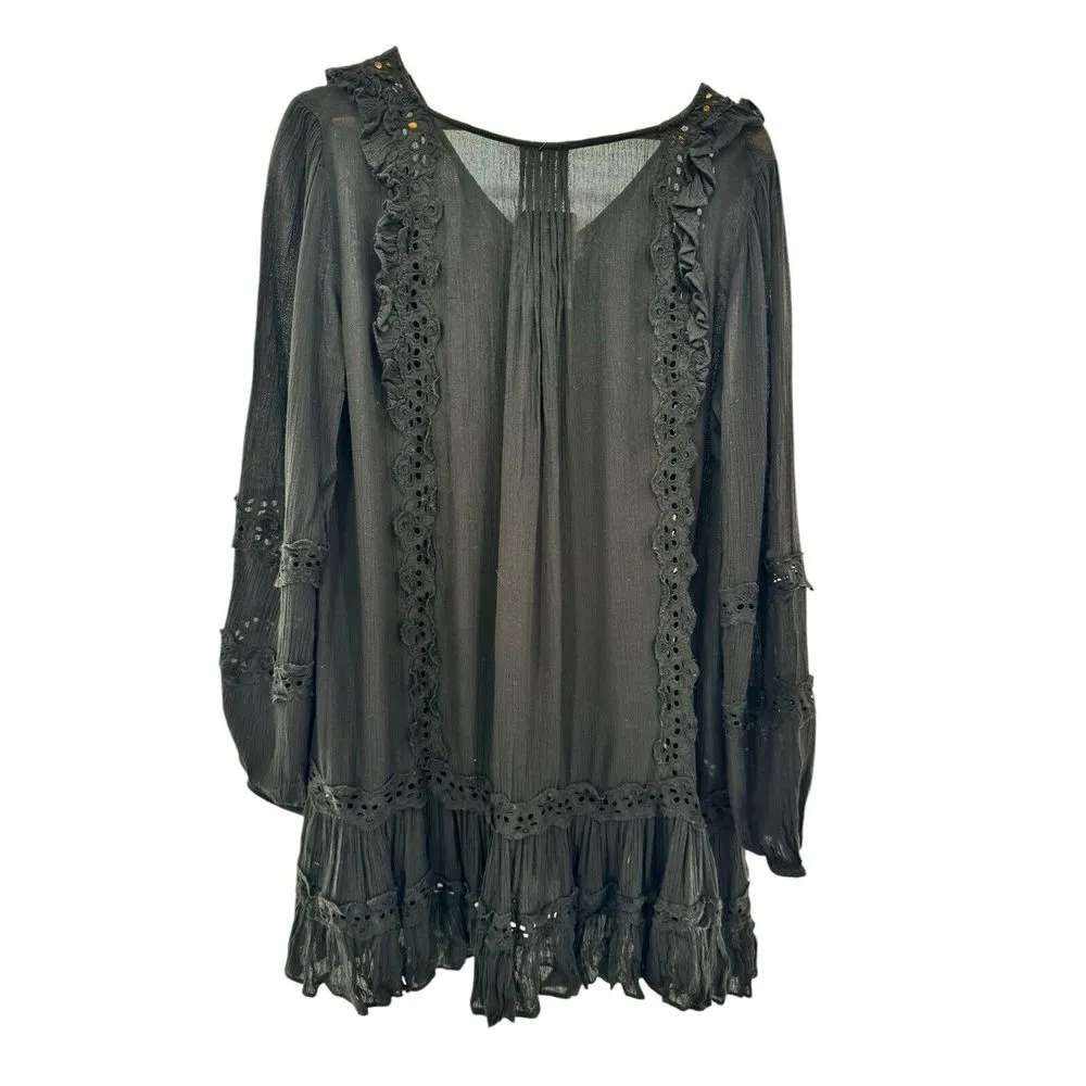 NWT Free People Snow Angel Black Bohemian Women Button Front Mini Fall Dress S‎ - Image 8