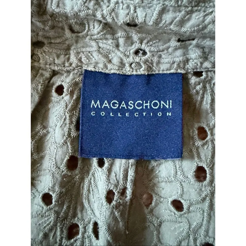 Magaschoni olive green eyelet open front short sleeve cotton cardigan blouse - Image 4