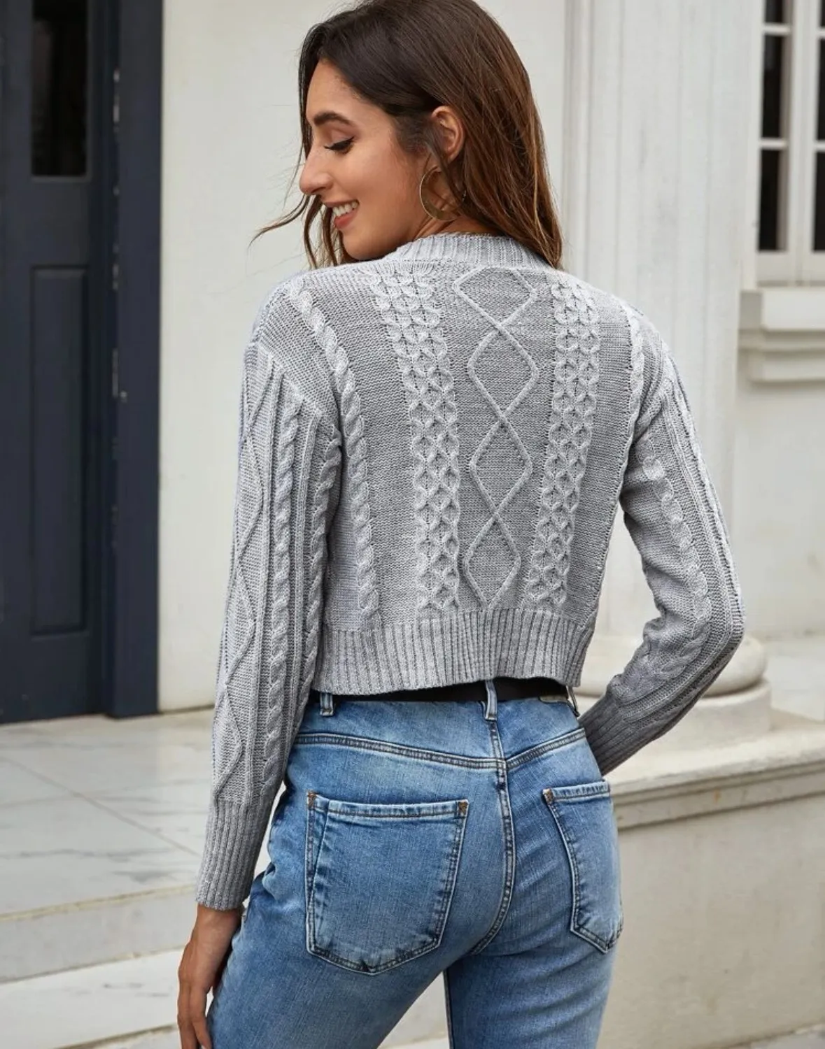 Grey Button Front Cable Knit Cardigan With Cropped Tube Top Women Size Small / 4 Gray - Image 2