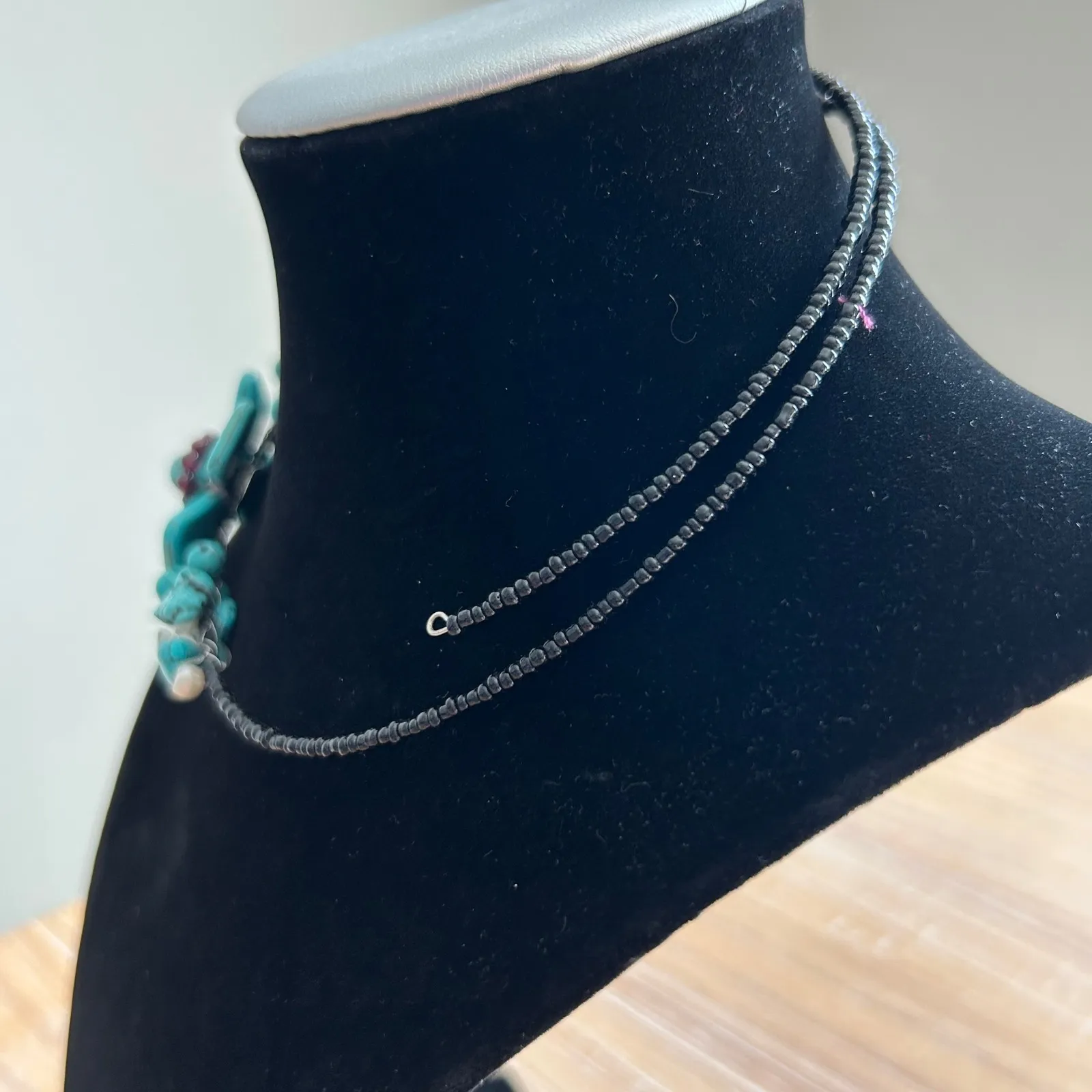 Faux Turquoise Flower Beaded Choker Necklace Boho Statement Gemstone Black - Image 2