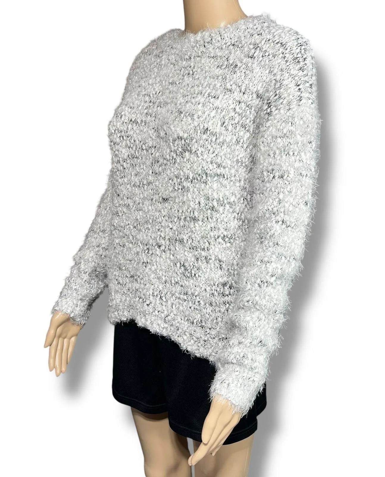 SO Womens Fuzzy Sweater Pullover Soft Stretchy Long Sleeve Lightweight Gray Smal - Image 5
