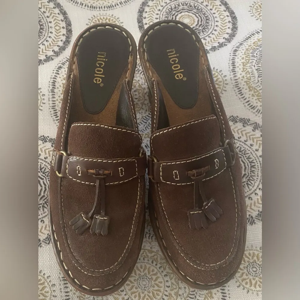 Vtg Nicole Womens 6M Brown Markie Suede Chunky Clogs Mules Tassel Boho Size 6 - Image 3