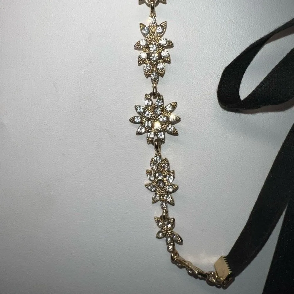Gold Tone and Crystal Velvet Ribbon Tie Choker - Image 5