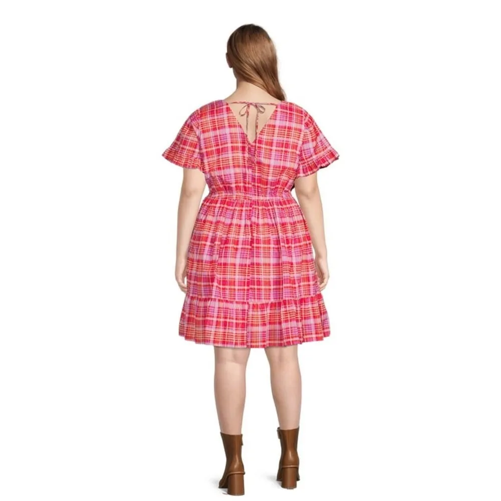 7. Terra & Sky Pink Plaid Ruffle Short Sleeve V-Neck Dress Size 1X - Image 2
