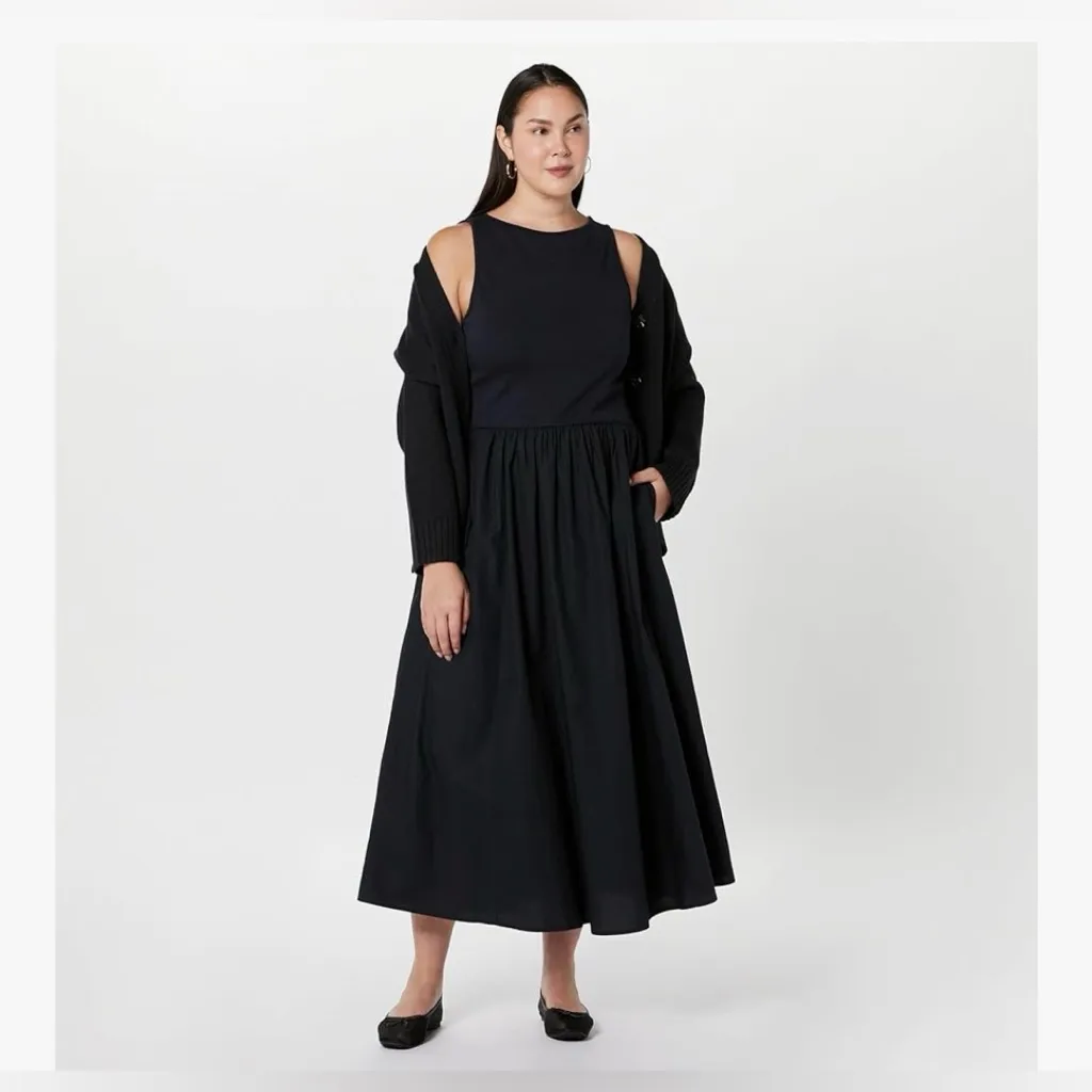 NEW The Drop Black Dia Mixed Fabric Midi Tank Cotton Dress 2X $69 - Image 3