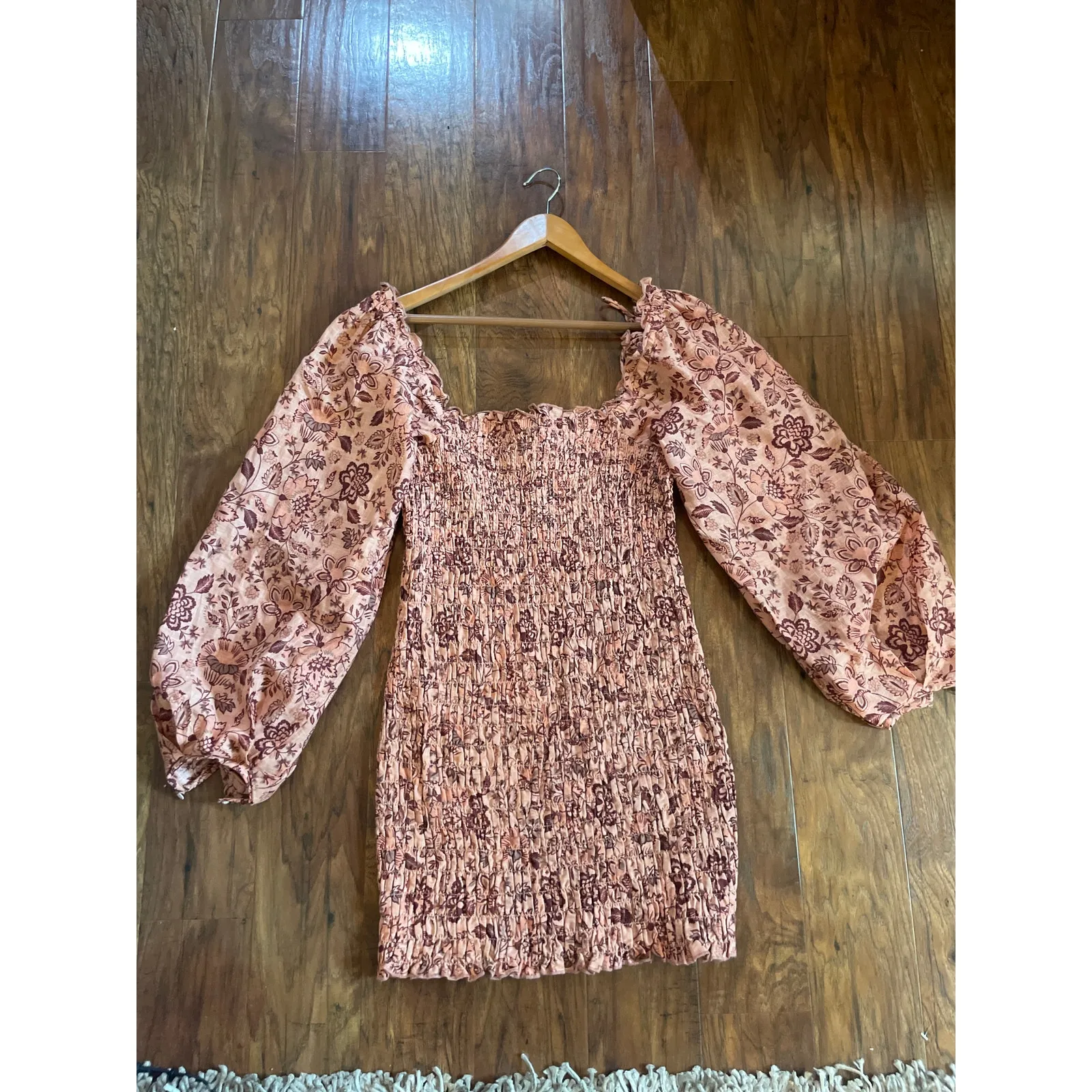 FREE PEOPLE Smock it to Me Mini Dress Puff Sleeve BOHO PRAIRIE FEMININE Size L - Image 3