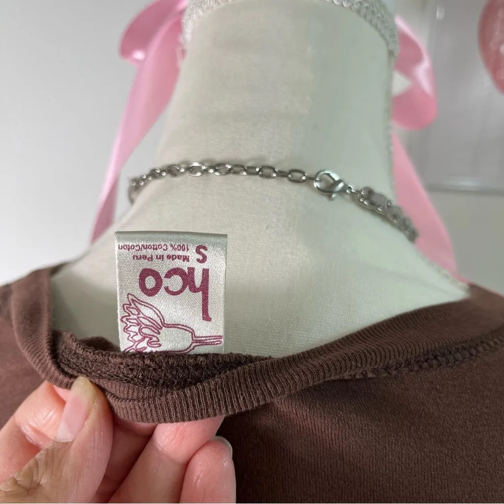 Hollister Vtg Y2K Brown Long Sleeve Graphic Top‎ Pink Logo Womens Small - Image 4