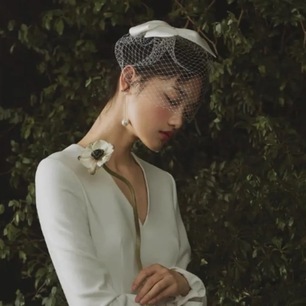 Wedding French Netting Birdcage Headband with Bowknot White - Image 2