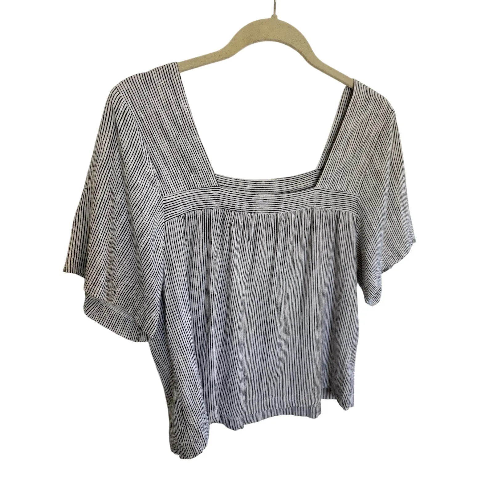 Linen Blend Striped Square Neck Top Size Large Nautical Vacation Beachy Travel - Image 3