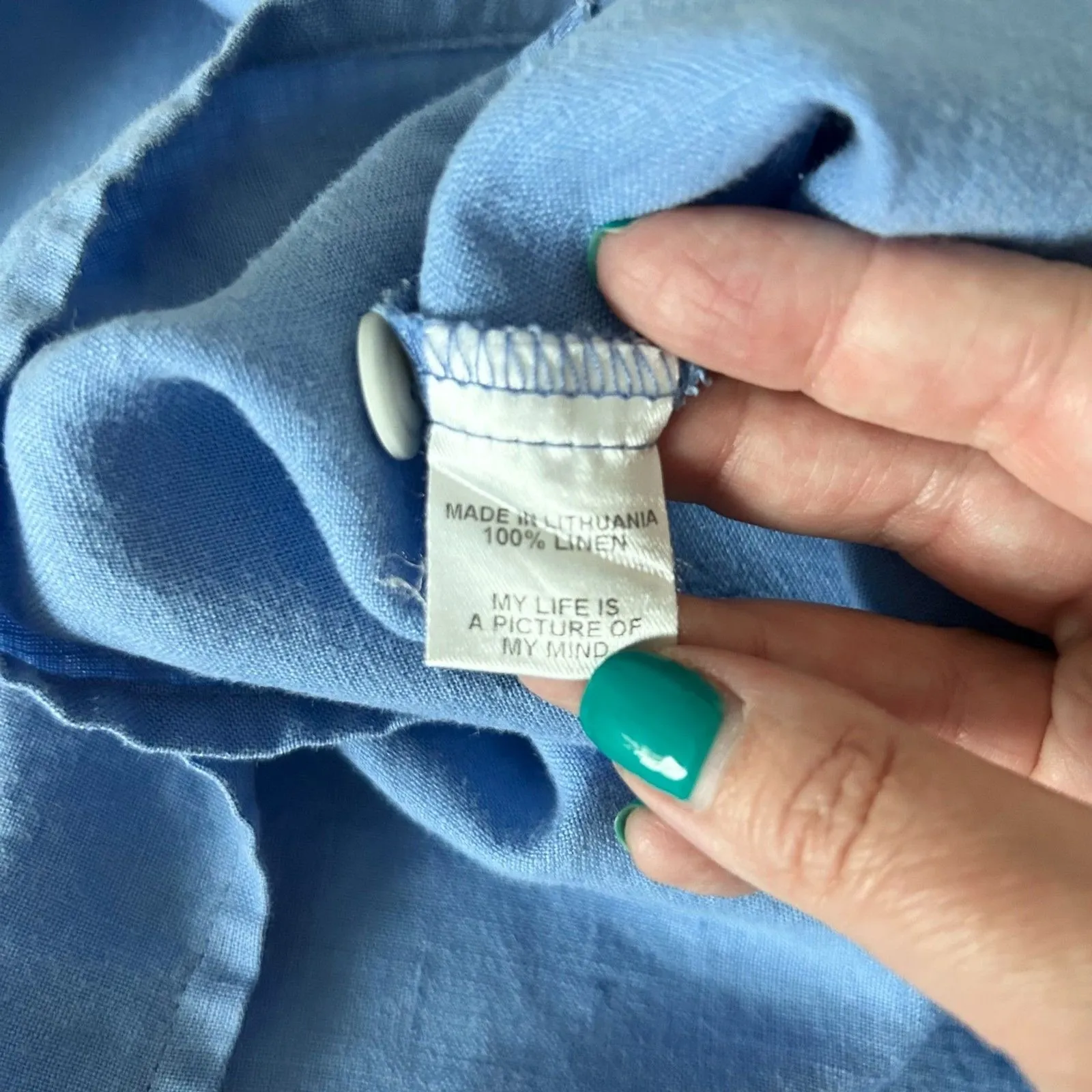 Flax Airy Back Button Linen Short Sleeve Tunic Top Blue Size Small - Image 6