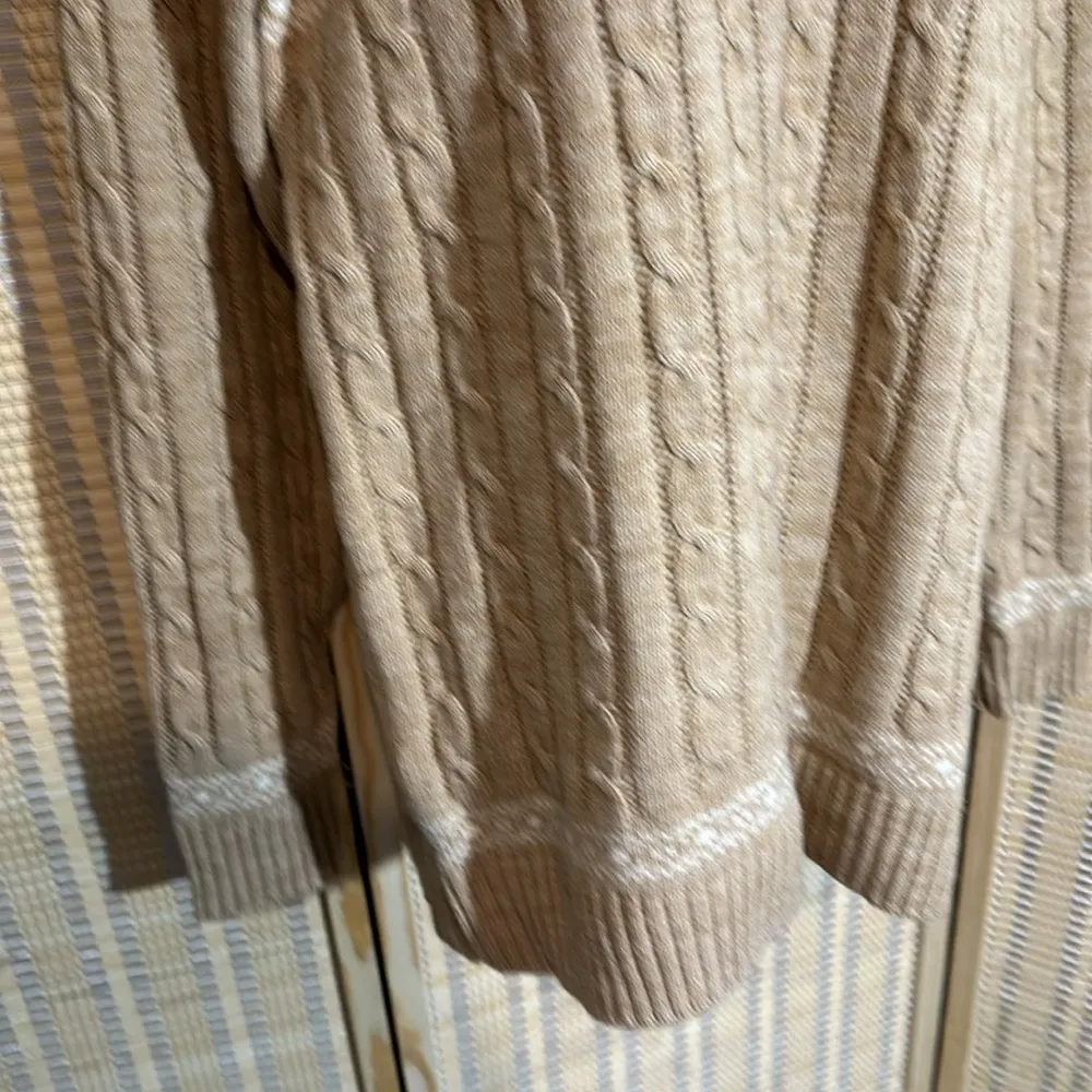 Vintage Tan White Snowflake Pattern Ribbed Braided Tight Knit Sweater Large - Image 3