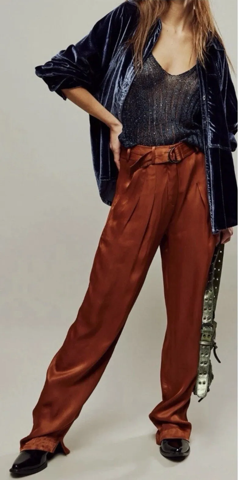 Hansen & Gretel Rust Satin Wide Leg Pants Size L Tie Waist High Rise Orange Size L - Image 1