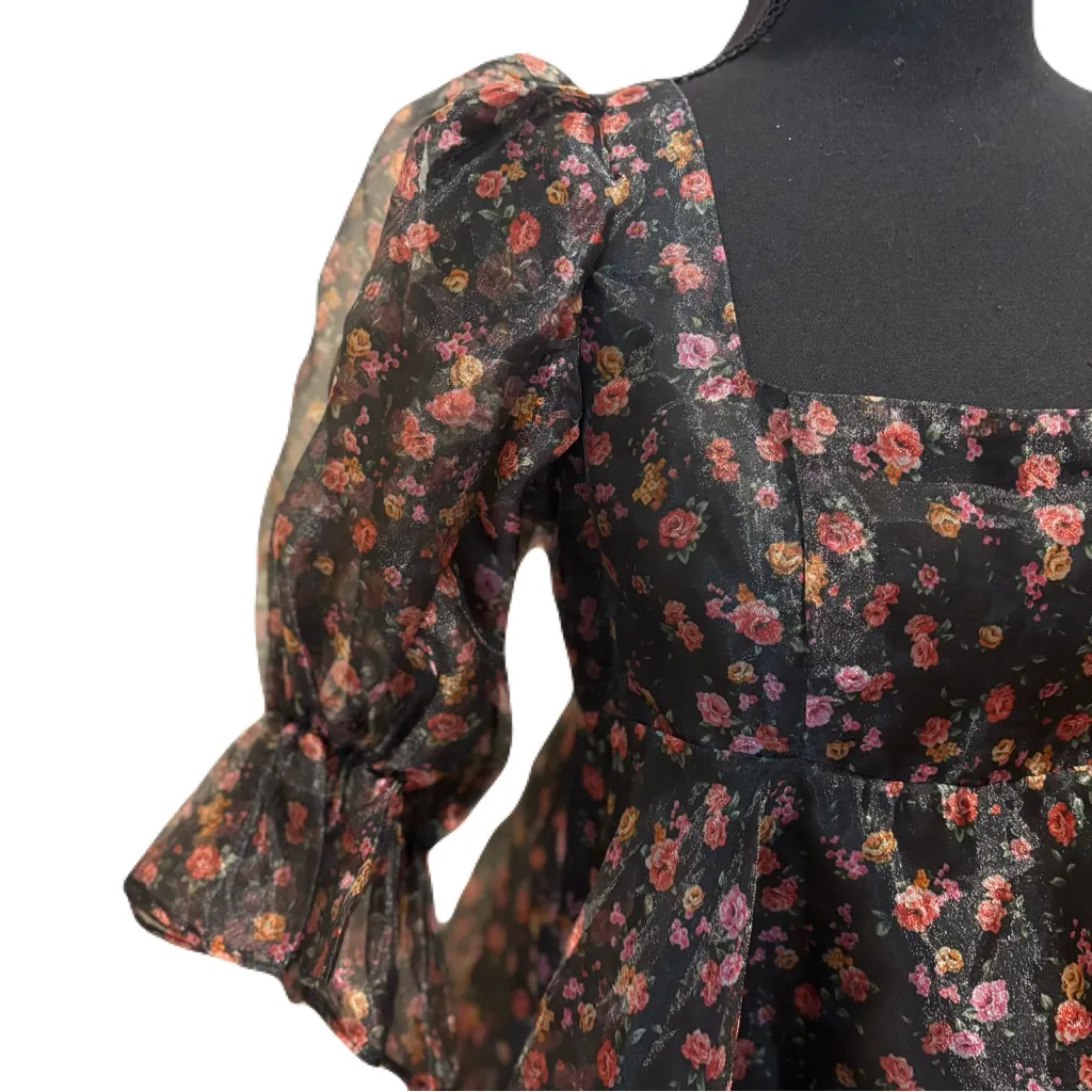 NWT Buddy Love Stassie Puff Sleeve Babydoll Sz S Dress Sleeping Garden print Black - Image 6