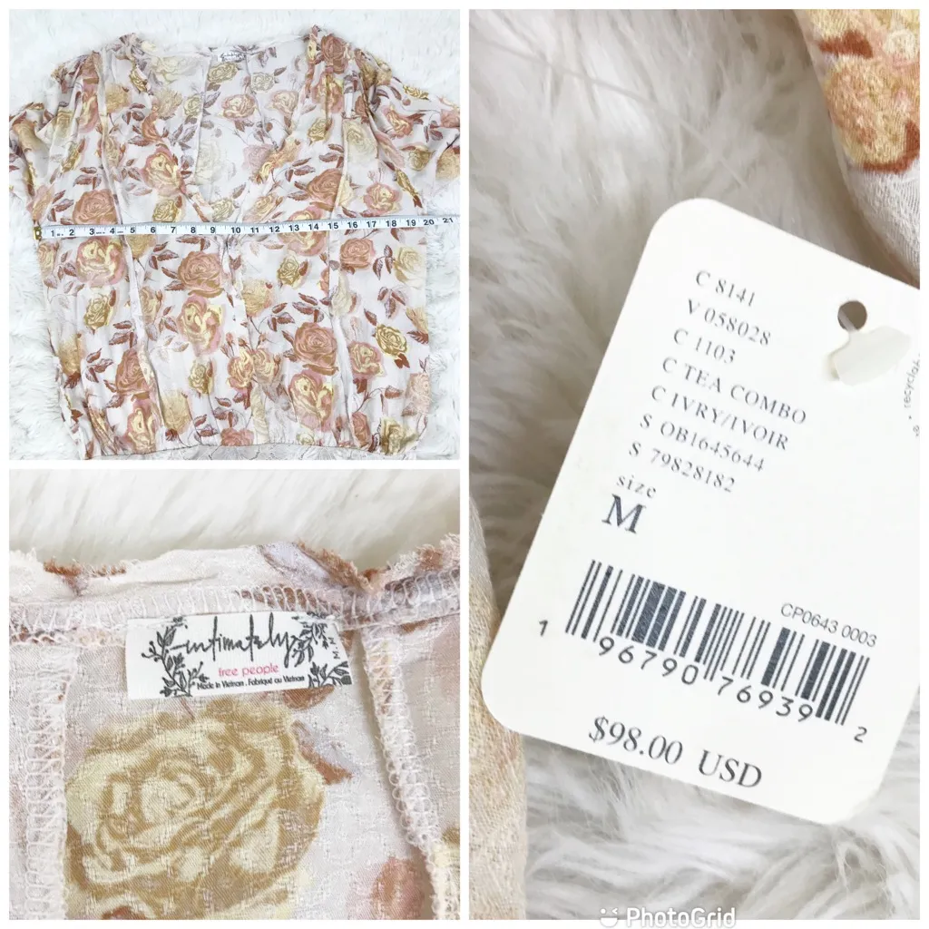 INTIMATELY FREE PEOPLE Cream Floral Print Bell Sleeve Bodysuit Bohemian Small‎ - Image 14