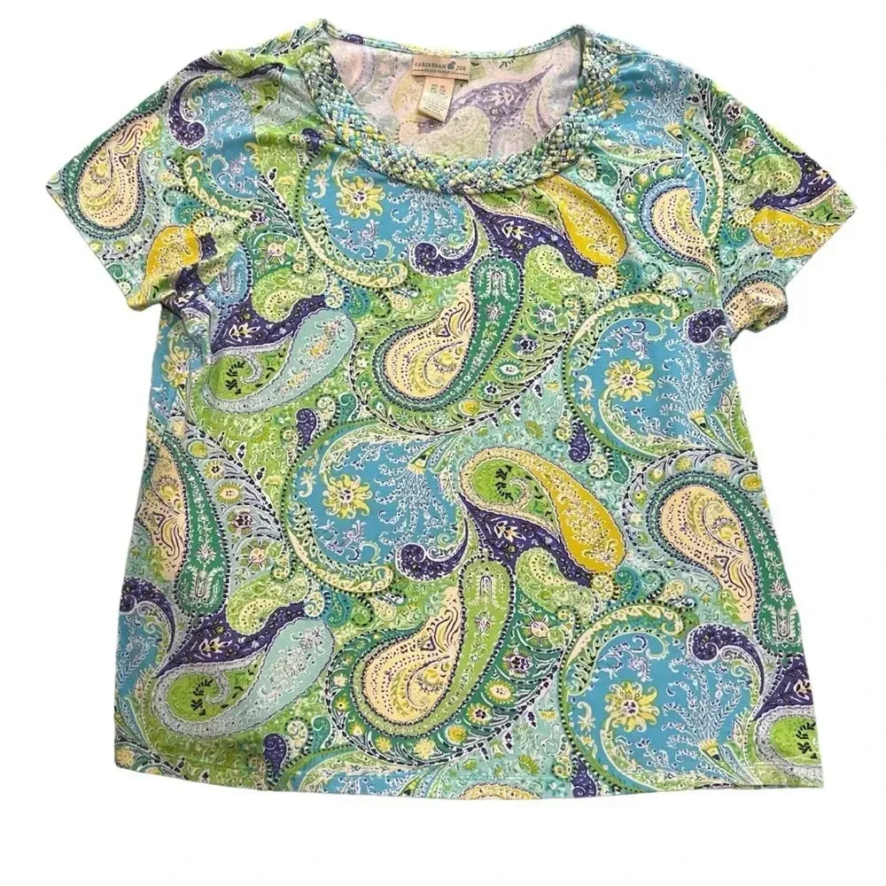 Caribbean Joe Women's Blue & Green Tropical Paisley Short Sleeve Top Size XL‎ - Image 2