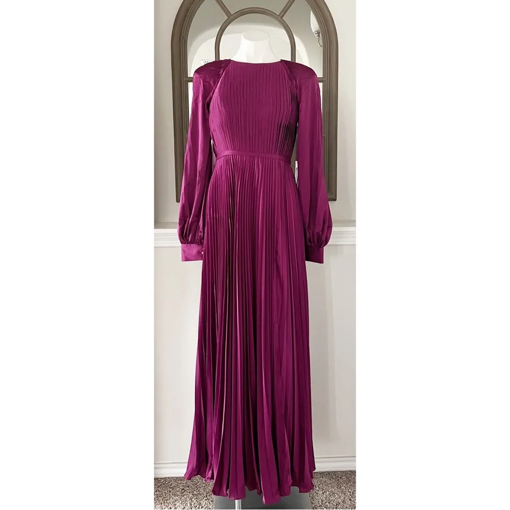 IEENA for Mac Duggal Pleated Long Sleeve Satin A-Line Gown, Size 8 New w/Tag - Image 5