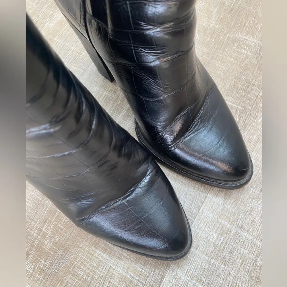 & Other Stories Leather Crocodile Embossed Ankle Boots Women 5.5 Wood Heel Black - Image 4