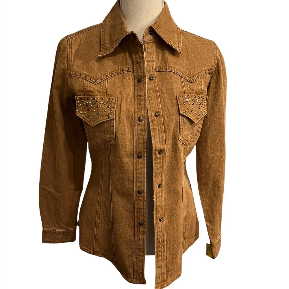 DG2 Embellished Distressed Wash Denim Shacket Brown Size XS - Image 2