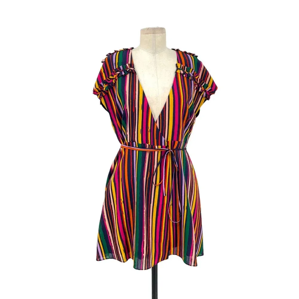 Tularosa Maud‎ Wrap Dress Cherry Red Multi Rainbow Stripe Size Medium - Image 3