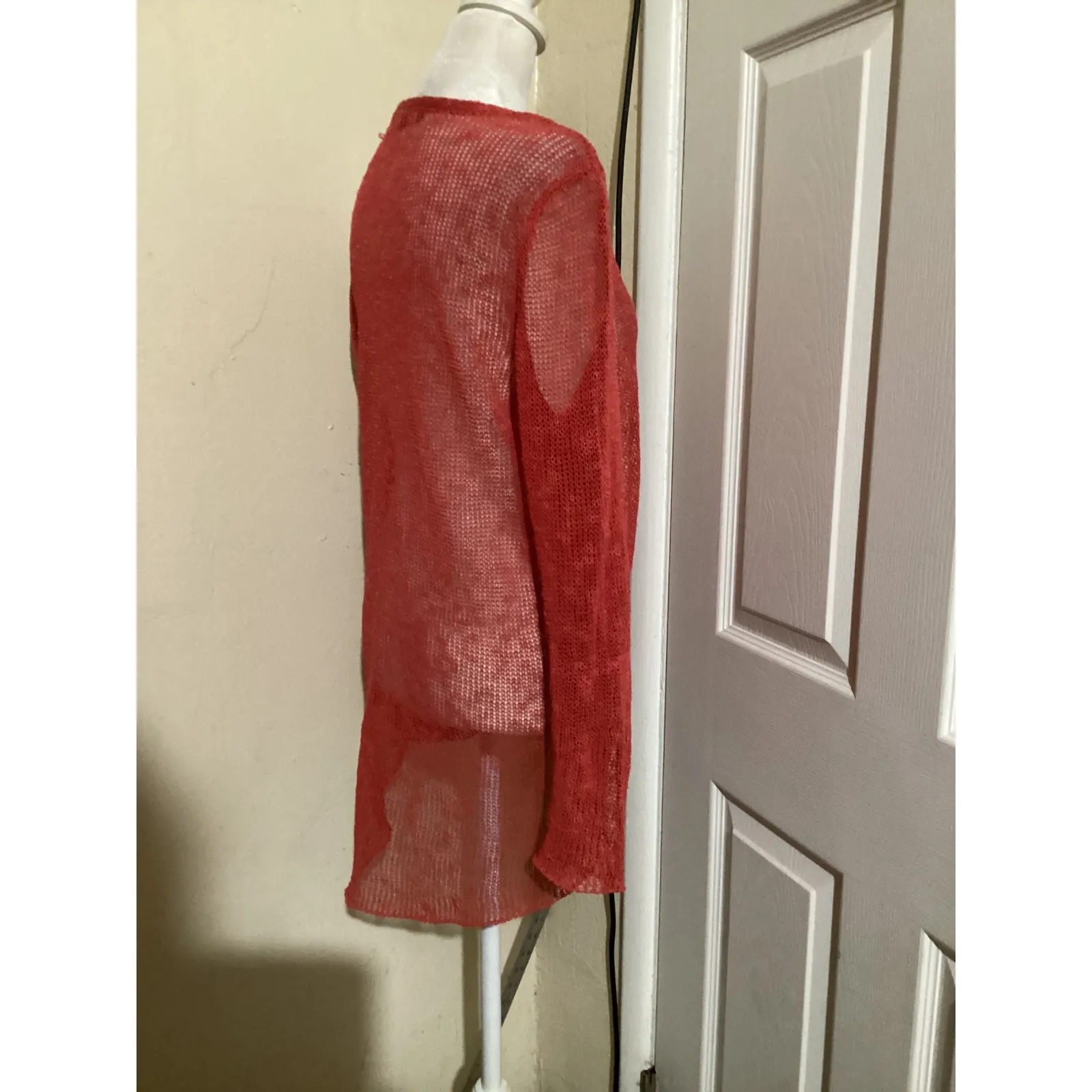 Eileen Fisher Open Knit V Neck Long Sleeve Linen Blend Sweater Coral Size S - Image 2