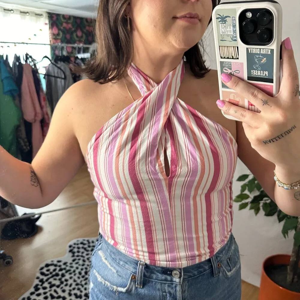 Loft Stripe Convertible Halter Tank Top Stripe Pink Size Small - Image 7