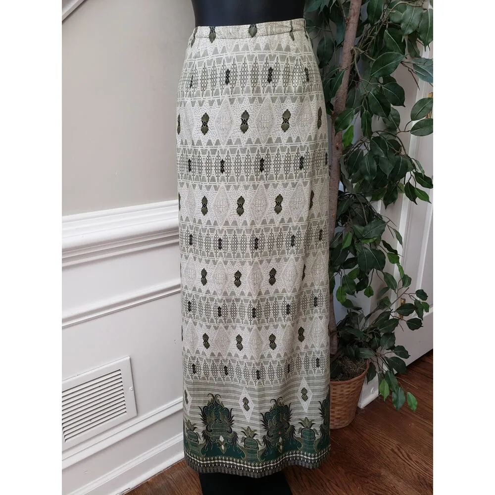P.J.K Collections 2 Pc Traditional Maxi Dress Skirt Set Small Green Beige - Image 14