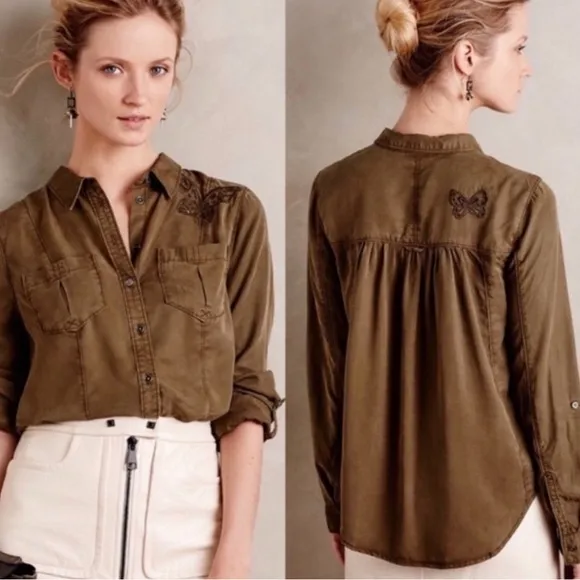 Anthropologie Holding Horses Womens Shirt Green Y2k Buttefly Embroidered 4 - Image 2