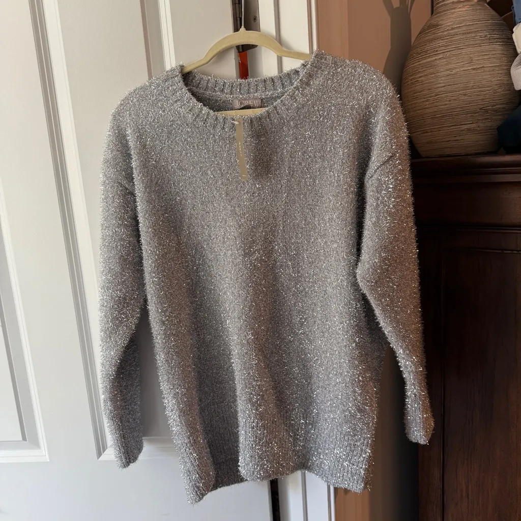 NWT New J. Crew Silver Long Sleeve Crewneck Sweater Metallic tinsel brushed yarn - Image 2