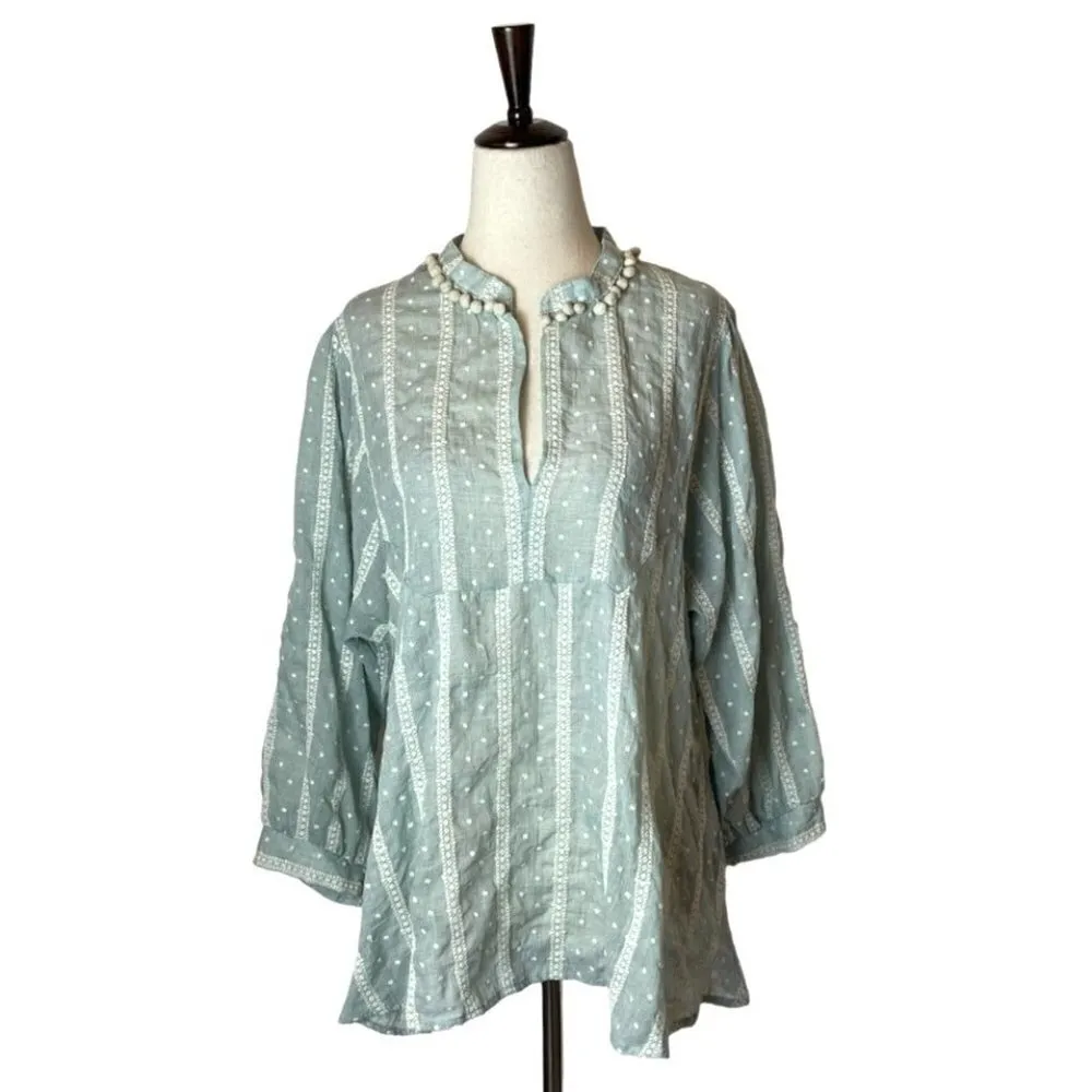 Zara Blue Green Embroidered Pom Pom Neck Embroidered‎ Eyelet Blouse Size XS - Image 2