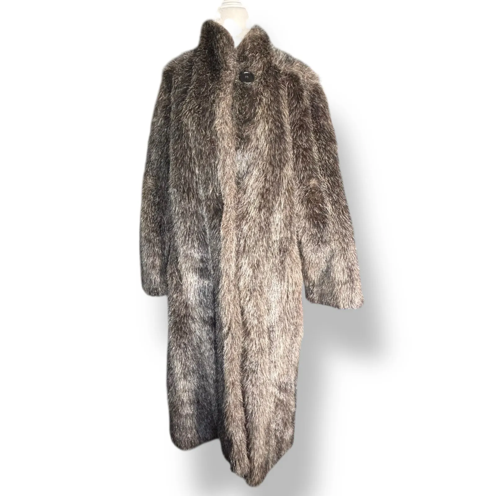 Vintage Furrina Faux Fur Long Coat Brown Gray USA Made Elegant Classic Outerwear Size M - Image 13