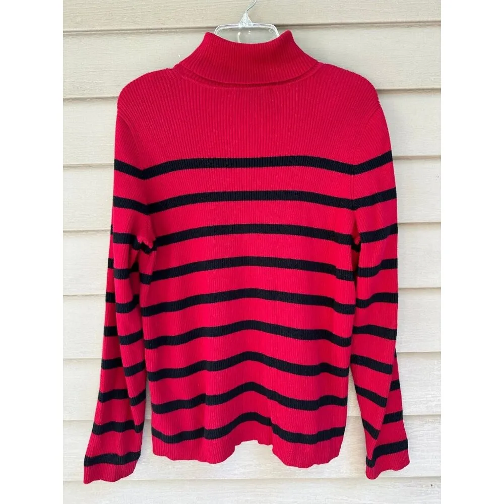 Lauren Ralph Lauren Sweater Womens XL Turtleneck Striped Cotton Red Black - Image 9