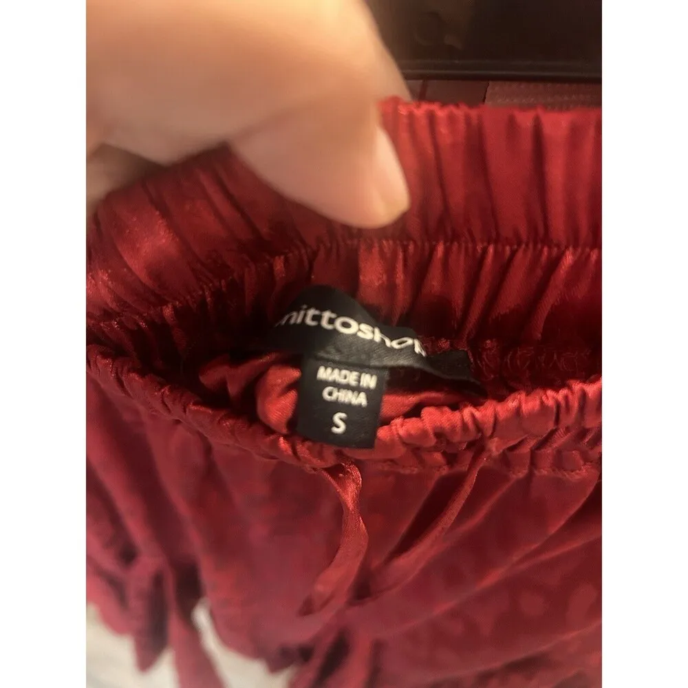 Deep Burgundy Red Leopard Print Satin Ruffle Mini Skirt Elastic Waist Size Small - Image 3