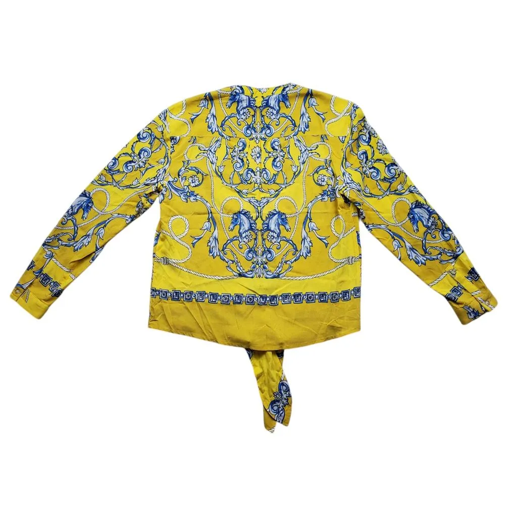 Maeve Anthropologie Elan Scarf Print Tie Front Blouse Womens 0 Yellow V Neck - Image 13
