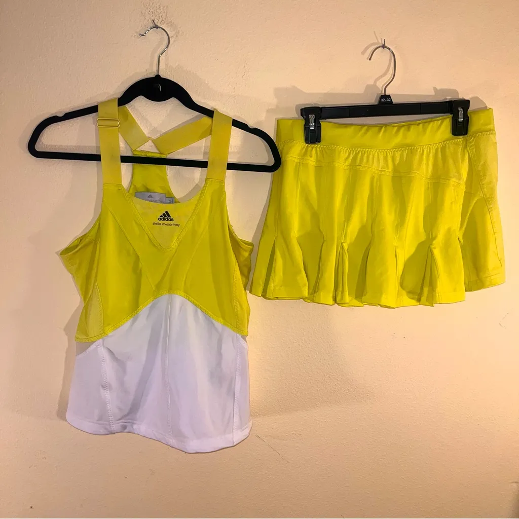 Adidas by Stella McCartney Barricade Pleated Neon Yellow Tennis Skirt& Top SET L White Size L - Image 3