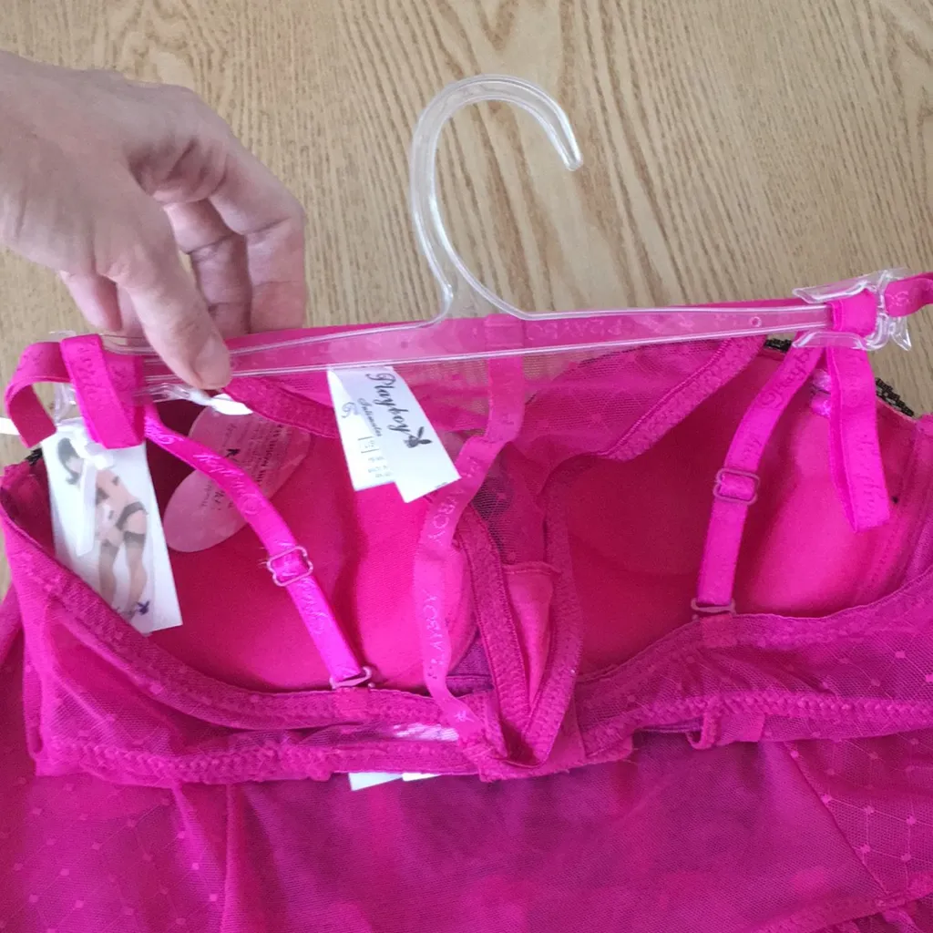 #1 New Playboy Vintage Sexy Padded Bustier With Thong Hot Pink Black size Medium - Image 7