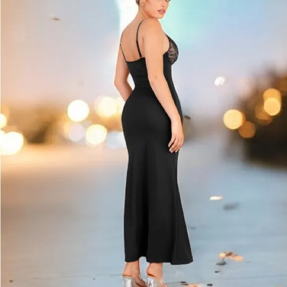 Popilush
Shapewear Lace V Neck Side Slit Slimming Maxi Slip Dress
S Black - Image 4