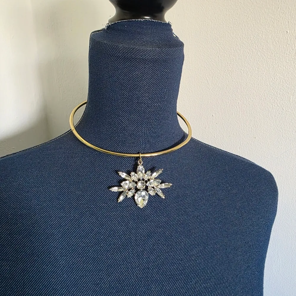 Gold Open Hoop Choker Necklace with CZ Pendant and Earrings Set - Image 7