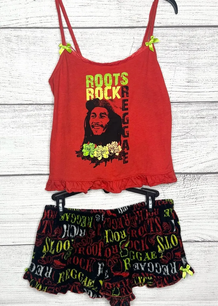 Bob Marley Roots Rock Reggae 2 Piece Pajama Set Size Medium Tank Top & Shorts Red - Image 1
