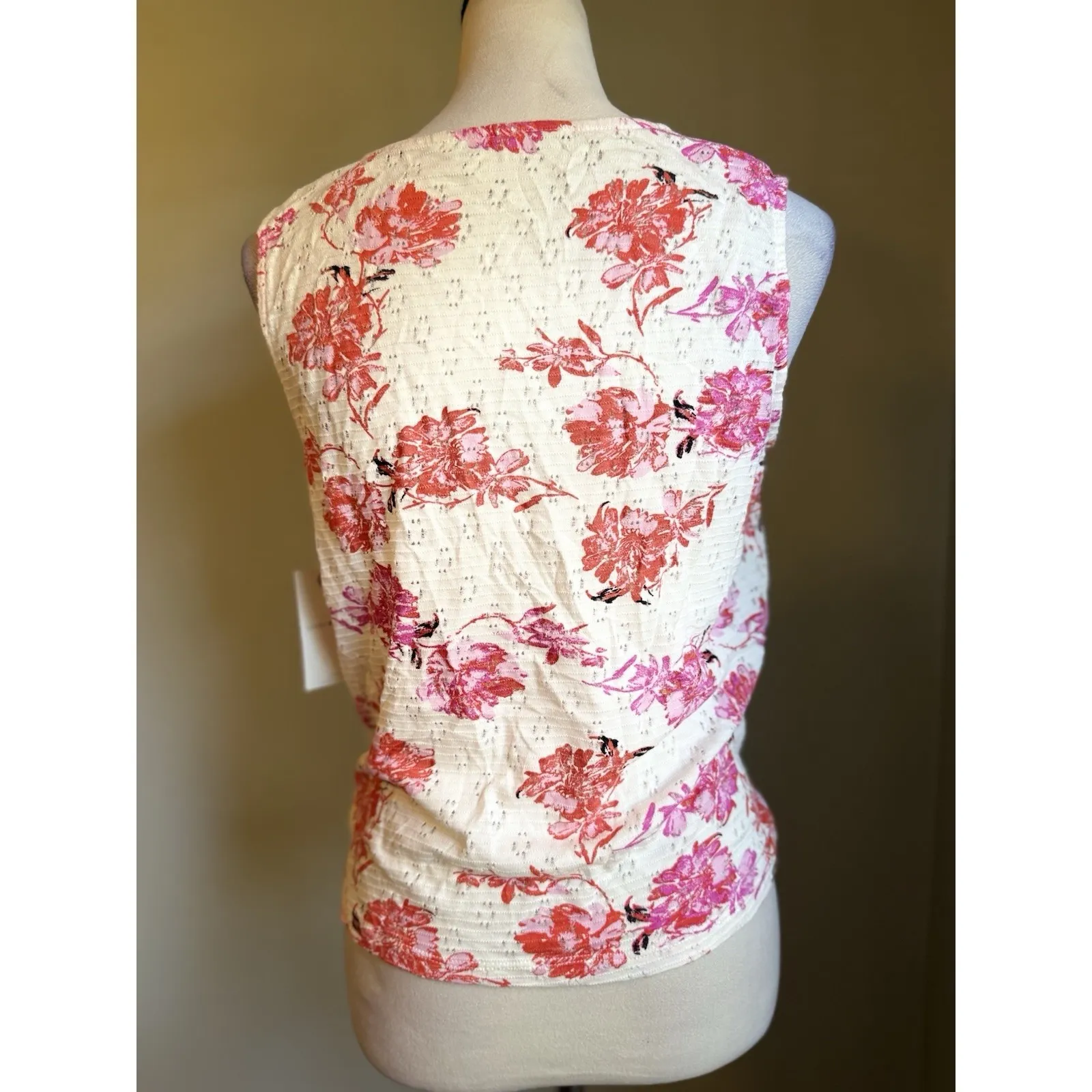 Lucky Brand Small Boho Cottage Core Wins Romantic Pink Red Floral Button Tie Top - Image 3
